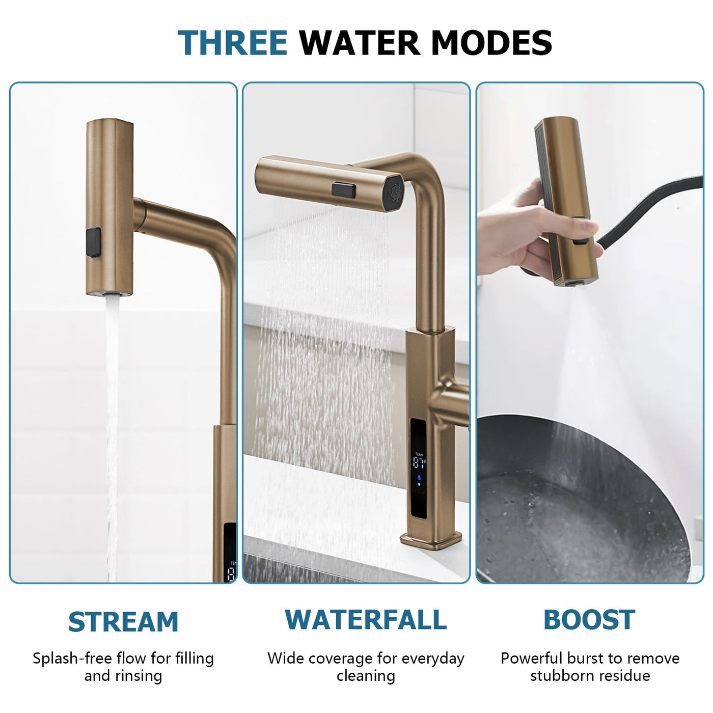 Metora Waterfall & Pull-Out Kitchen Faucet with Temperature Display-KF2209