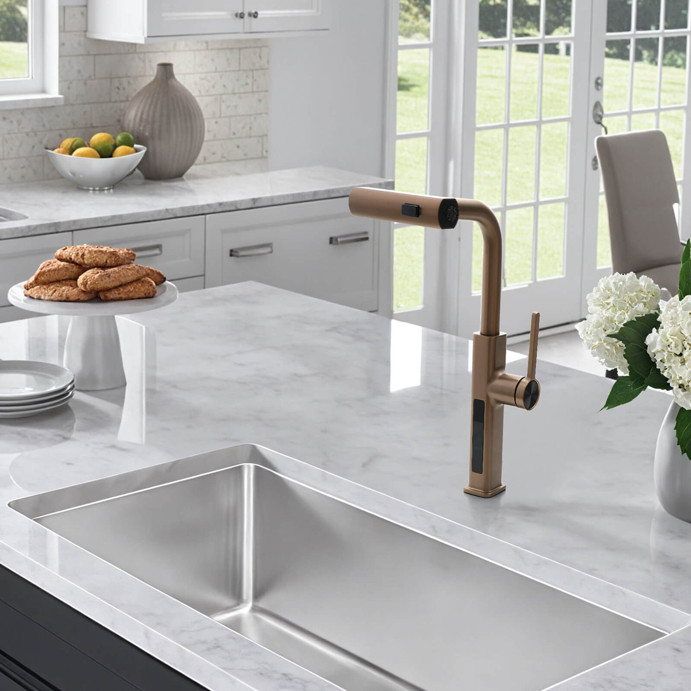 Metora Waterfall & Pull-Out Kitchen Faucet with Temperature Display-KF2209 with Countertop Glass Rinser-KFR2201