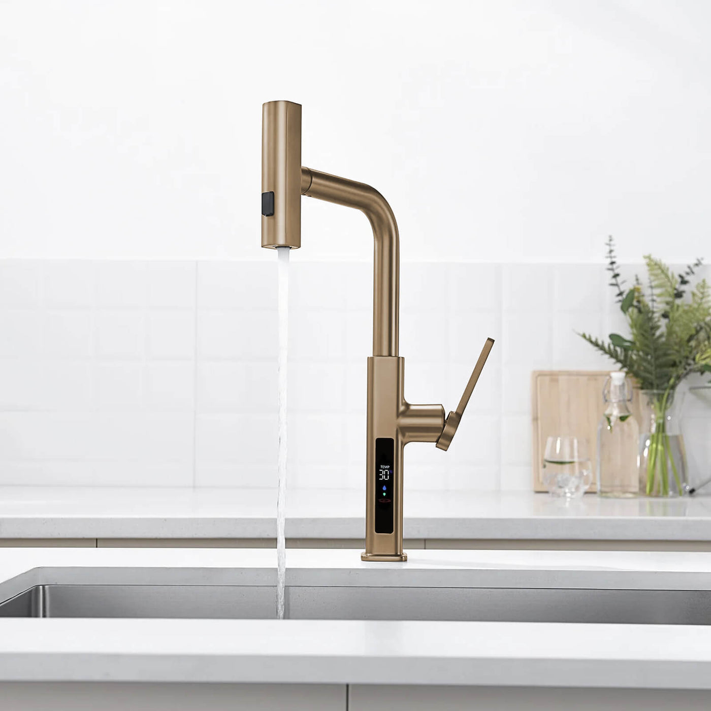 Metora Waterfall & Pull-Out Kitchen Faucet with Temperature Display-KF2209 with Countertop Glass Rinser-KFR2201