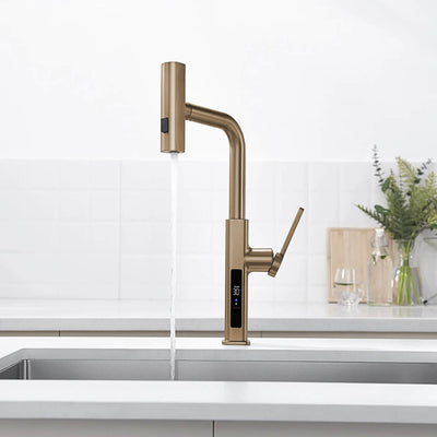 Metora Waterfall & Pull-Out Kitchen Faucet with Temperature Display-KF2209 with Countertop Glass Rinser-KFR2201